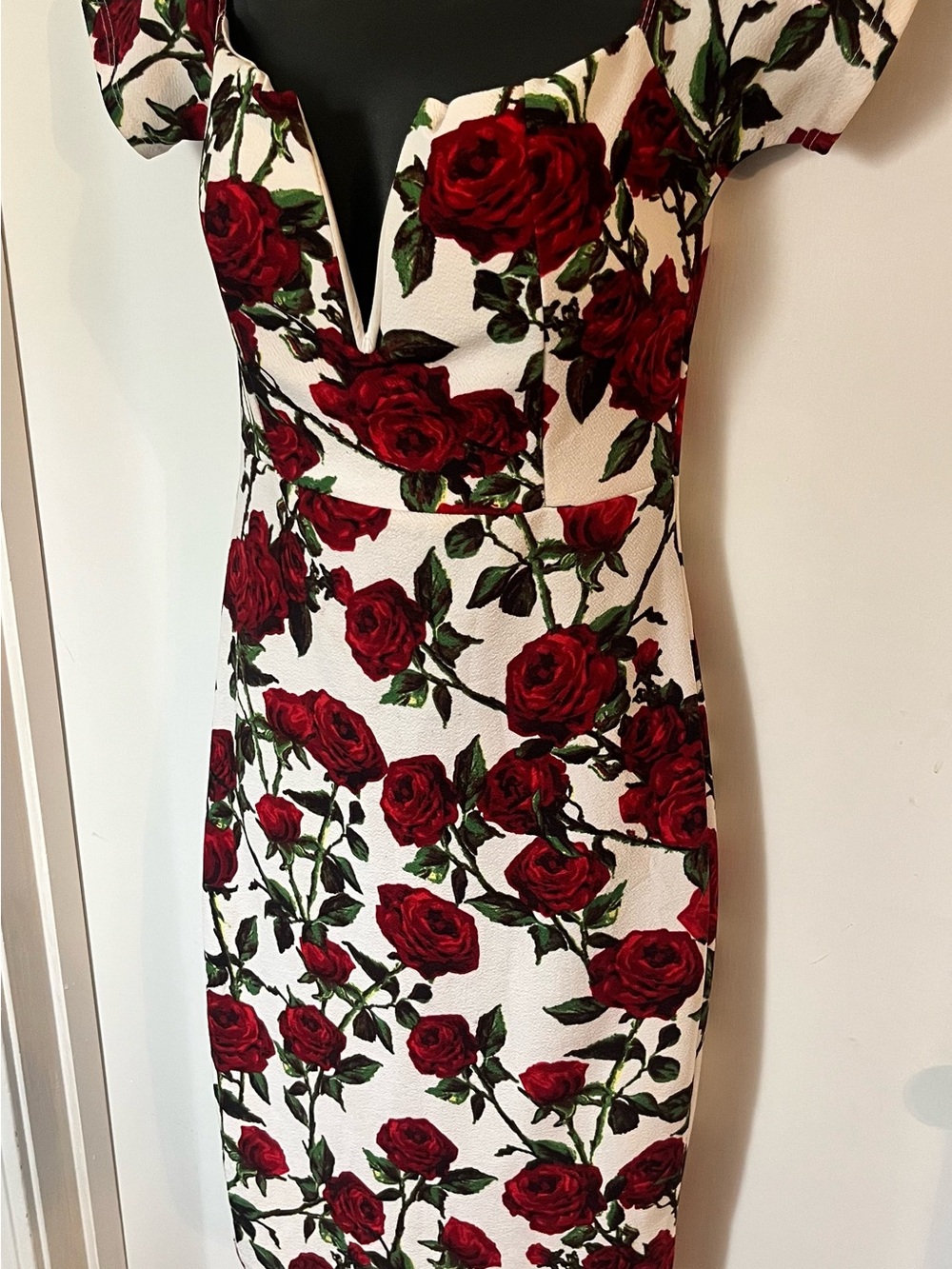 Fashion Nova White Midi Dress with Red Rose Print